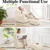 A collage showing a beige bean bag chair in two different settings: reclined with a footrest, and upright with a laptop and a small table. Náhled obrázku produktu