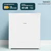 A white mini refrigerator is shown against a light blue background, with marketing text and energy labels at the top. Produktbild-Vorschau