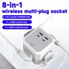 A close-up marketing image of an 8-in-1 wireless multi-plug socket, showcasing its ports and features. Voir les images du produit
