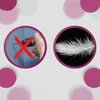 Two circular images, one showing a hand drilling a hole in a wall with a red cross over it, and the other showing a white feather on a black background. Decorative circles are in the background. Voir les images du produit