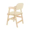 A wooden high chair with beige cushions, shown from a side-rear angle against a white background. Voir les images du produit