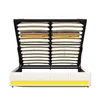 A white bed frame with an open storage compartment and a slatted base, illuminated by yellow LED lights along the bottom edge. Anteprima dell’immagine prodotto