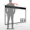 A diagram showing the dimensions of a projector screen in relation to a human silhouette. Produktbild-Vorschau