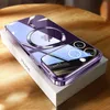 A purple iPhone case with a MagSafe ring is placed on a white box on a wooden surface. Produktbild-Vorschau