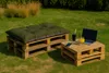 Outdoor seating area with pallet furniture, drinks, and a laptop. Produktbild-Vorschau