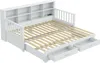 A white daybed with a slatted mattress base, open drawers, and a bookshelf headboard, shown from a diagonal angle. Náhled obrázku produktu