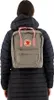 A person wearing a dark puffer jacket is seen from behind, wearing a gray Fjallraven Kanken backpack with pink straps. Náhled obrázku produktu