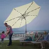 A family enjoying a rooftop patio at dusk under a large, illuminated umbrella. Voir les images du produit