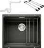 A top-down view of a dark gray sink with accessories and plumbing parts arranged around it. Produktbild-Vorschau