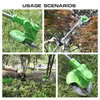 A collage of four images showing different usage scenarios of a green electric lawnmower. Podgląd zdjęcia produktu
