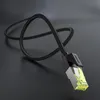 A close-up shot of a black braided Ethernet cable with a silver and black connector on a dark background. Produktbild-Vorschau