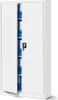 A white metal filing cabinet with its doors open, revealing blue binders on the shelves. Produktbild-Vorschau