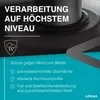 A close-up of a black heater with text overlays describing its features and benefits. Produktbild-Vorschau