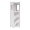 A white freestanding bathroom floor cabinet with a slatted door and open shelving. Náhled obrázku produktu