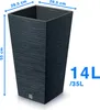 A tall, square, dark gray planter with a textured surface, shown against a white background with measurement indicators and capacity information. Náhľad obrázku produktu