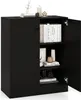 A black sideboard cabinet with its doors open, revealing shelves with books and decorative items. Podgląd zdjęcia produktu