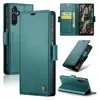 A collage of images showing a green leather wallet-style phone case for a Samsung Galaxy A15. Produktbild-Vorschau