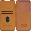 A brown flip case for a smartphone, shown open to reveal the inside. Produktbild-Vorschau