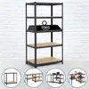 A multi-image collage showing a black metal shelving unit with wooden shelves, along with smaller images demonstrating different configurations and uses of the shelving unit. Produktbild-Vorschau