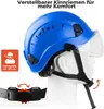 A blue safety helmet on a mannequin head, with close-ups of its adjustable features and a size indicator. Náhled obrázku produktu