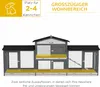 A diagram of a rabbit hutch with text overlays describing its features and capacity. Produktbild-Vorschau