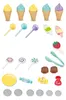 A collection of toy food items, including ice cream cones, popsicles, lollipops, candies, chocolates, a plate, and toy coins, arranged on a white background. Produktbild-Vorschau
