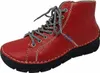A red leather boot with gray laces and a black sole, shown from a side-angle. Produktbild-Vorschau
