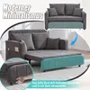 A sofa being converted into a bed, with text overlays highlighting its features. Voir les images du produit