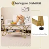 A coffee table with a shelf is shown in a living room setting, with a close-up of its adjustable feet. Produktbild-Vorschau