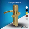 A gold-colored door handle set is displayed against a blue and white gradient background, with color swatches shown on the right. Anteprima dell’immagine prodotto