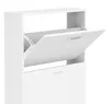 A white shoe cabinet with one drawer open. Voir les images du produit