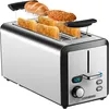 A stainless steel 4-slice toaster with bread slices inside, and a bun on top using the bun warmer. Podgląd zdjęcia produktu