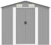 Front view of a gray metal garden shed with double doors and white trim. Podgląd zdjęcia produktu