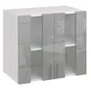 A studio shot of a modern kitchen cabinet unit with high-gloss gray doors and white shelves. Náhľad obrázku produktu