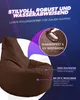 A brown beanbag chair with marketing text and graphics highlighting its features. Produktbild-Vorschau