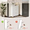 A shoe cabinet is shown in a hallway setting, with a second section demonstrating safety features with a child. Produktbild-Vorschau