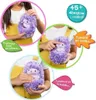 A collage of images showing a child interacting with a purple plush hedgehog toy, with text overlays describing its features. Náhled obrázku produktu