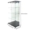 A tall, clear glass display cabinet with a black base and top, shown against a white background. Dimensions are indicated with text and arrows. Podgląd zdjęcia produktu