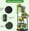 A black multi-tiered plant stand with various potted plants on display, accompanied by informational callouts highlighting material quality and construction. Podgląd zdjęcia produktu