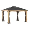 A wooden gazebo with a black metal roof and dark mesh curtains, shown against a white background. Náhled obrázku produktu