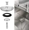 A disassembled sink drain assembly is shown on the left, and a stainless steel sink with a faucet and drain is shown on the right. Produktbild-Vorschau