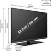 A diagram showing the dimensions of a Toshiba television. Produktbild-Vorschau