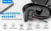 A Bluetooth headset and its charging case are displayed on a light gray surface, with a smartphone in the background. Icons and text highlight the product's features. Produktbild-Vorschau