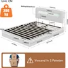 A diagram of a bed with dimensions and a person holding boxes. Produktbild-Vorschau