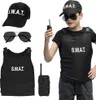 A child wearing a SWAT costume, with individual costume pieces displayed separately. Produktbild-Vorschau
