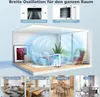 A diagram showing a portable air cooler in a bedroom, with arrows indicating air circulation. Smaller inset images show the air cooler in different room settings. Produktbild-Vorschau