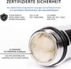 Close-up of a shower head filter with certification information and feature descriptions. Produktbild-Vorschau