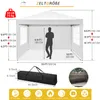 Diagram showing the dimensions of a pop-up tent, including a silhouette of a person for scale, and a folded tent in a carrying bag. Voir les images du produit