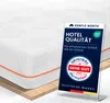 A mattress topper with a marketing display stand in front of it. Produktbild-Vorschau