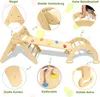 A wooden climbing triangle, slide, and arch set for children, with close-up insets highlighting features like smooth edges, climbing stones, and stable connections. Produktbild-Vorschau